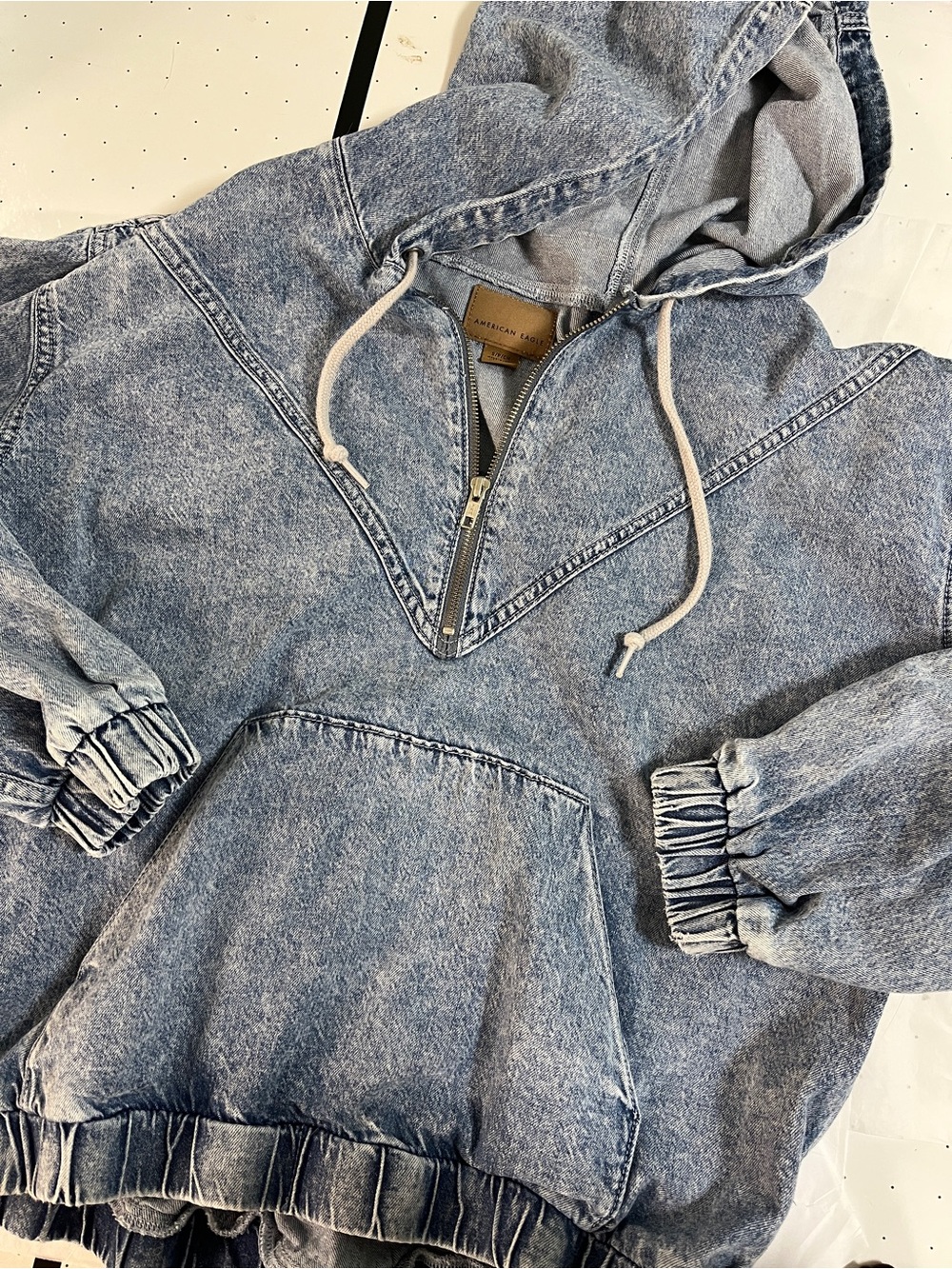 Y2K American Eagle Light Blue Denim chambray Small Zip Hoodie cotton pocket